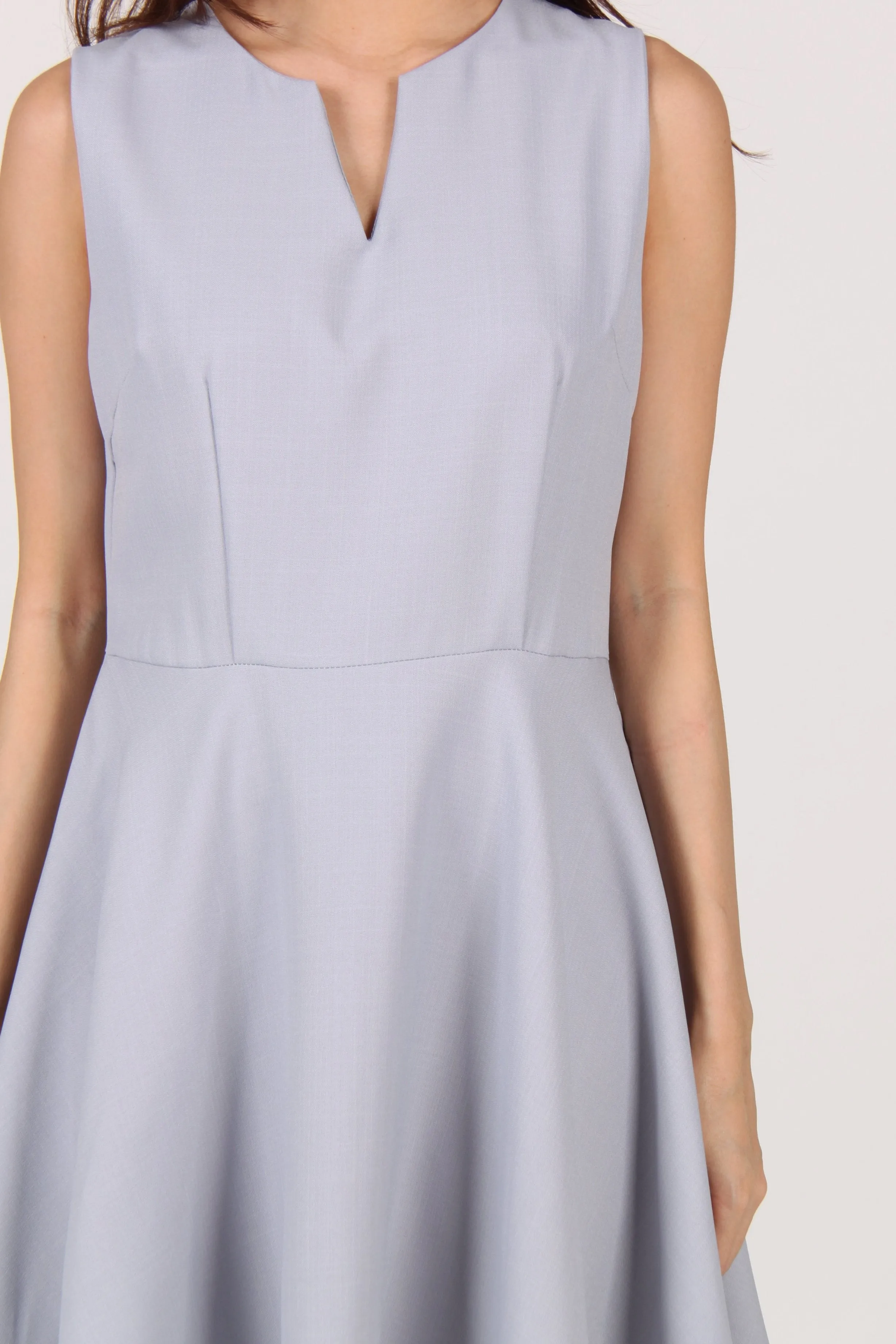 V Collar Sleeveless Skater Dress in Light Blue