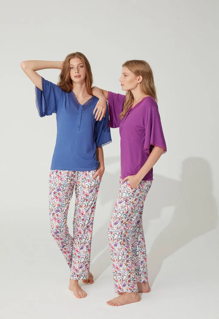 V Neckline Floral Bottom Pajama Set