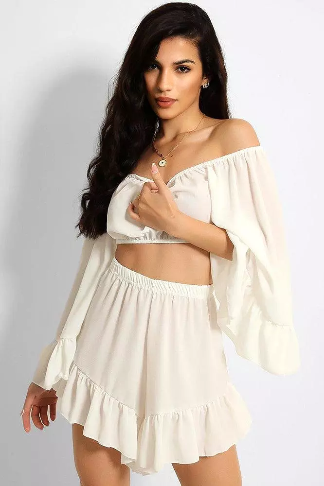 White Frill Trim Off Shoulder Crop Top Shorts Set