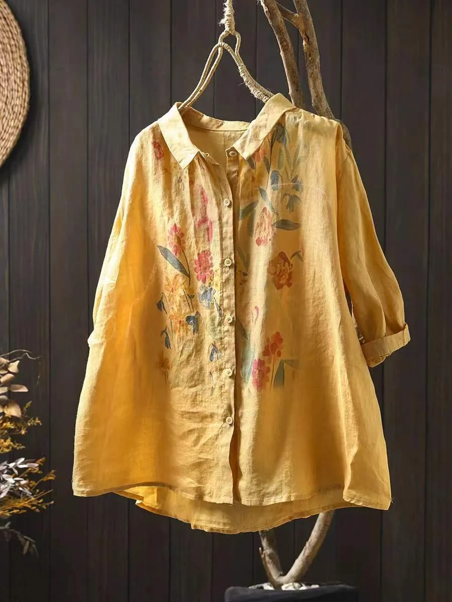 Women Artsy Summer Flower Print Ramie Blouse KL1041