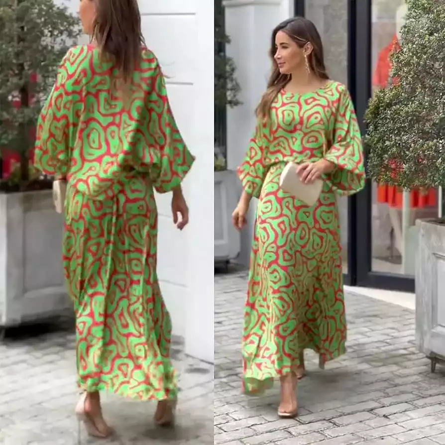 Women Summer Loose Printed Doll Sleeve Long Sleeve Top High Waist Long Skirt Suit S4600002