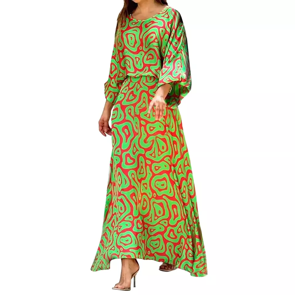 Women Summer Loose Printed Doll Sleeve Long Sleeve Top High Waist Long Skirt Suit S4600002