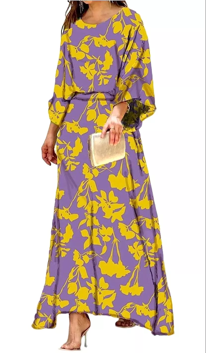 Women Summer Loose Printed Doll Sleeve Long Sleeve Top High Waist Long Skirt Suit S4600002