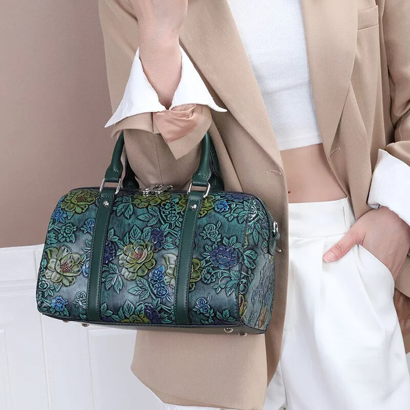 Women's Genuine Leather Floral Pattern Shoulder Crossbody Handbag