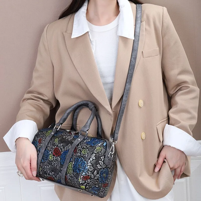 Women's Genuine Leather Floral Pattern Shoulder Crossbody Handbag