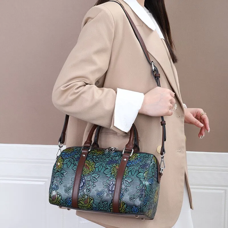 Women's Genuine Leather Floral Pattern Shoulder Crossbody Handbag