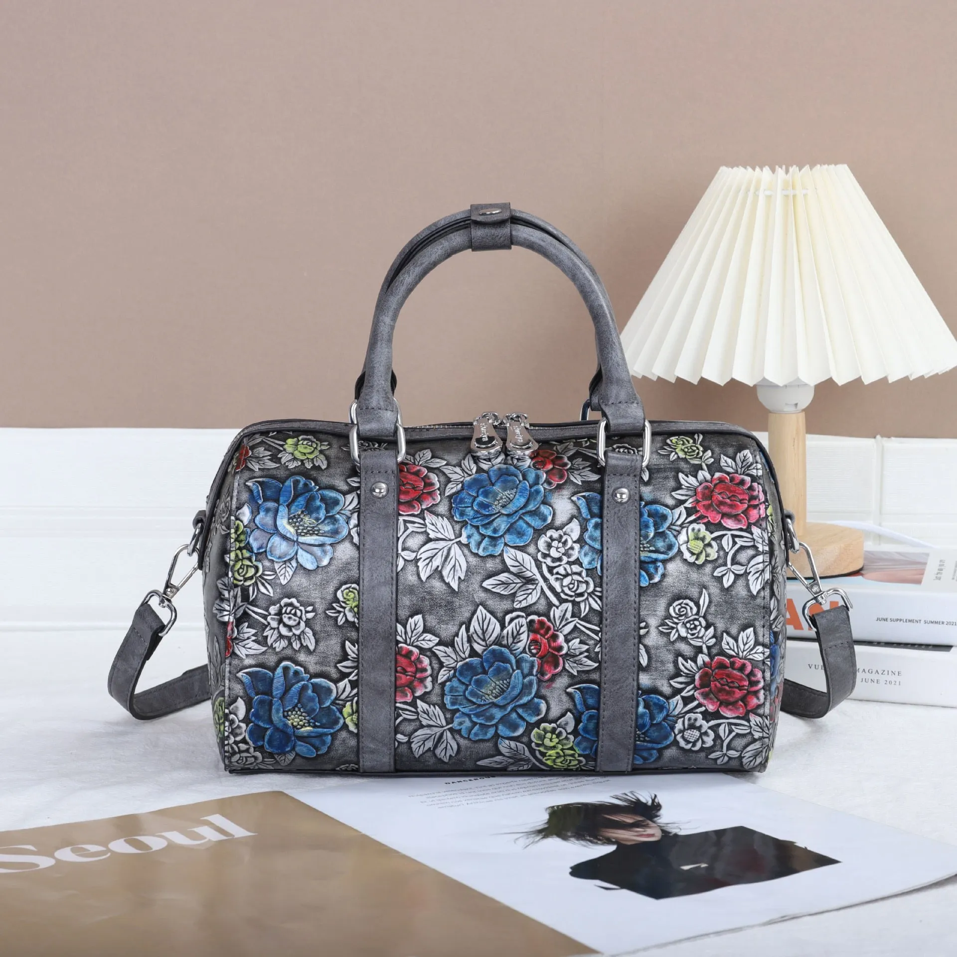 Women's Genuine Leather Floral Pattern Shoulder Crossbody Handbag