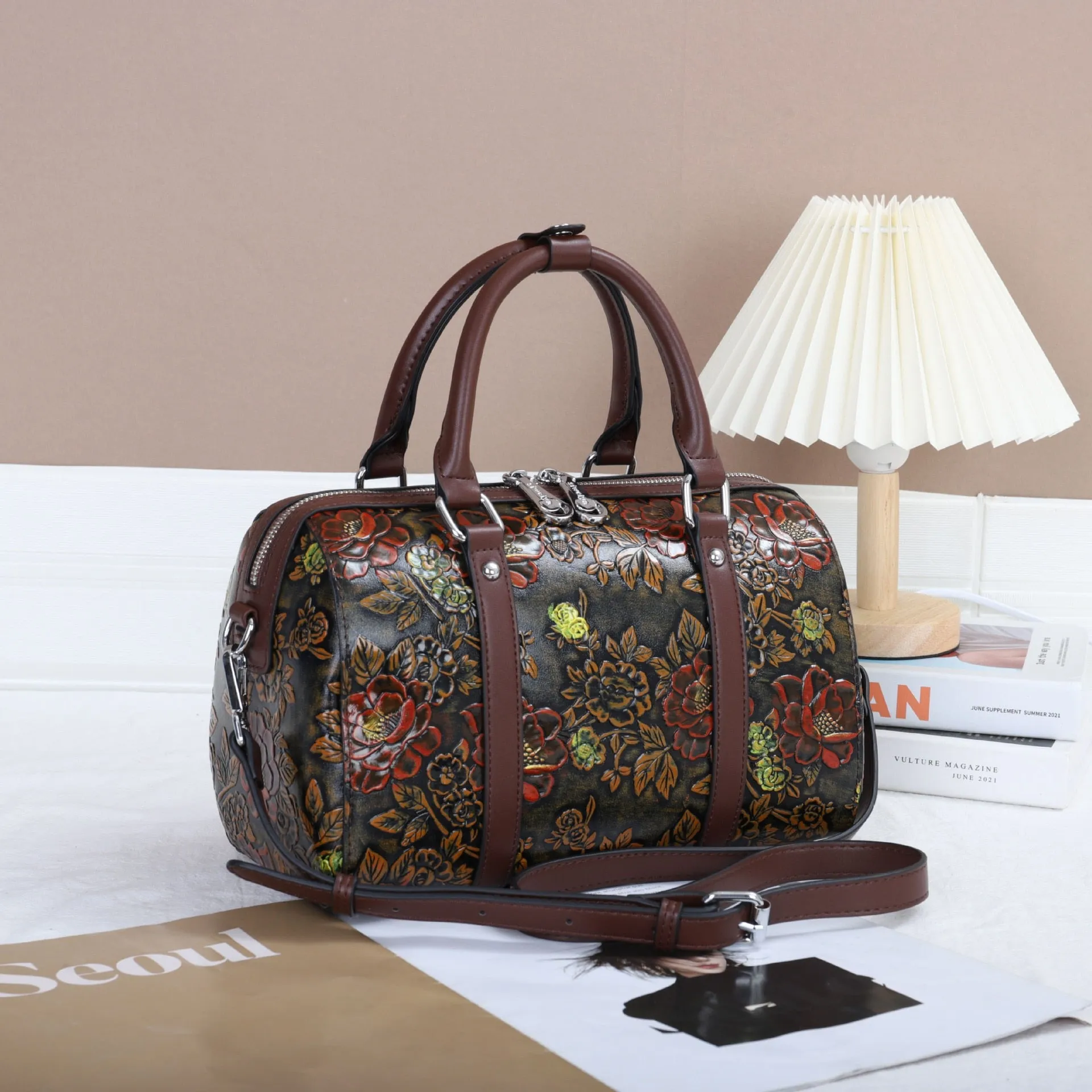 Women's Genuine Leather Floral Pattern Shoulder Crossbody Handbag