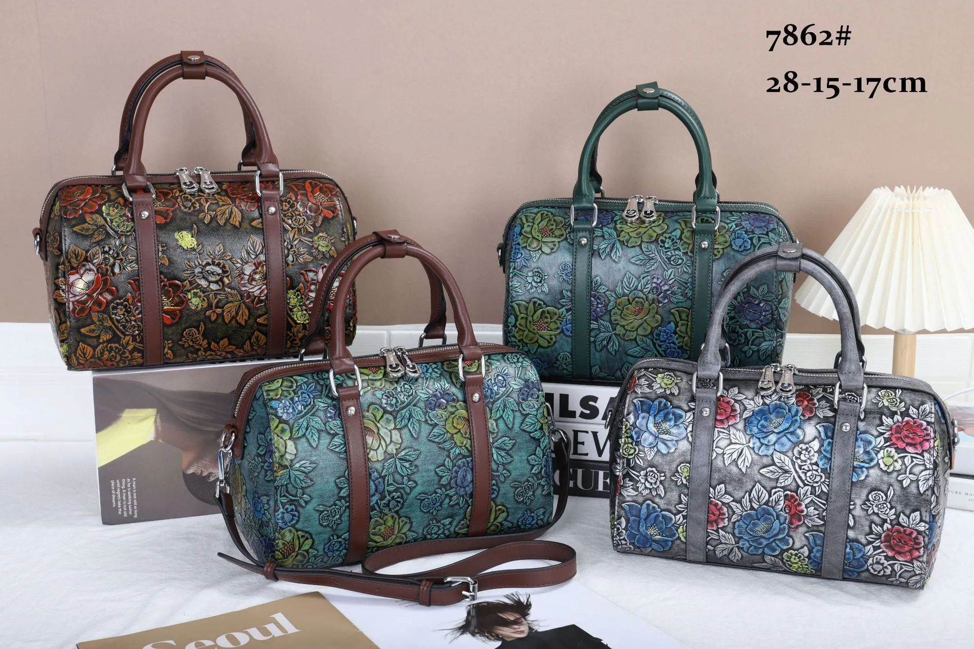 Women's Genuine Leather Floral Pattern Shoulder Crossbody Handbag