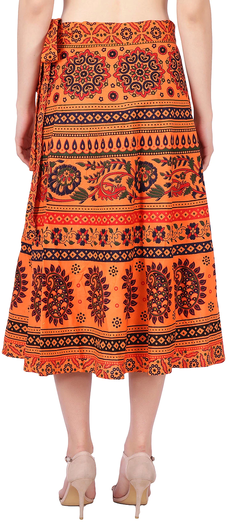 Wrap Around Indian Skirt Cotton Printed Women's India Clothes (Orange, One Size)