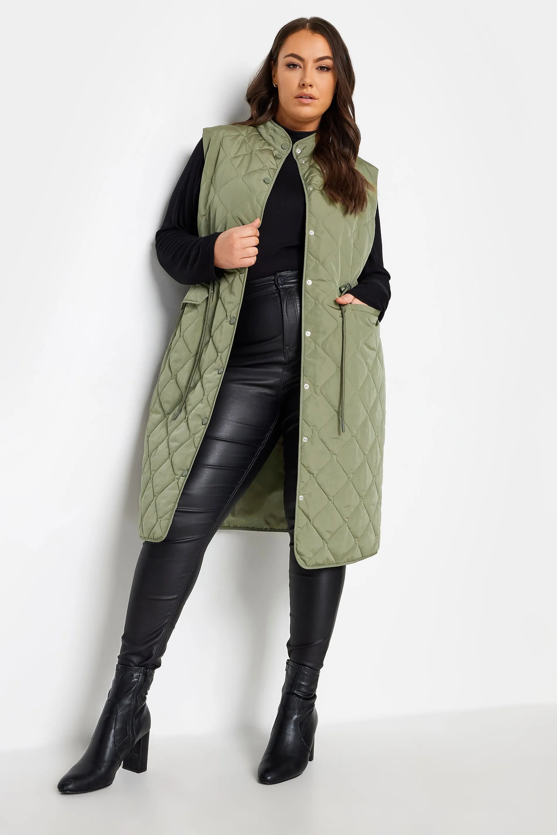 YOURS Curve Green Lightweight Quilted Midi Gilet