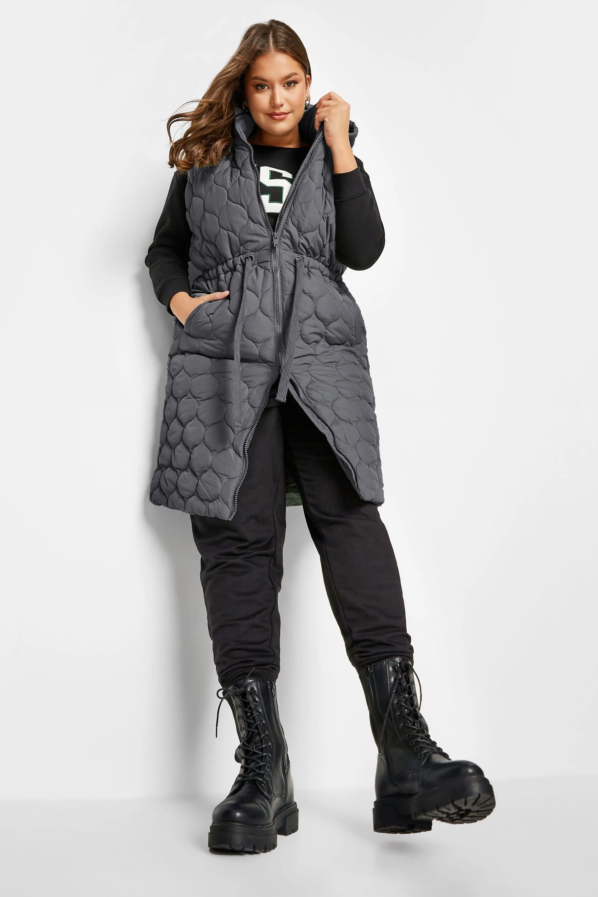 YOURS Curve Grey Quilted Midi Hooded Gilet