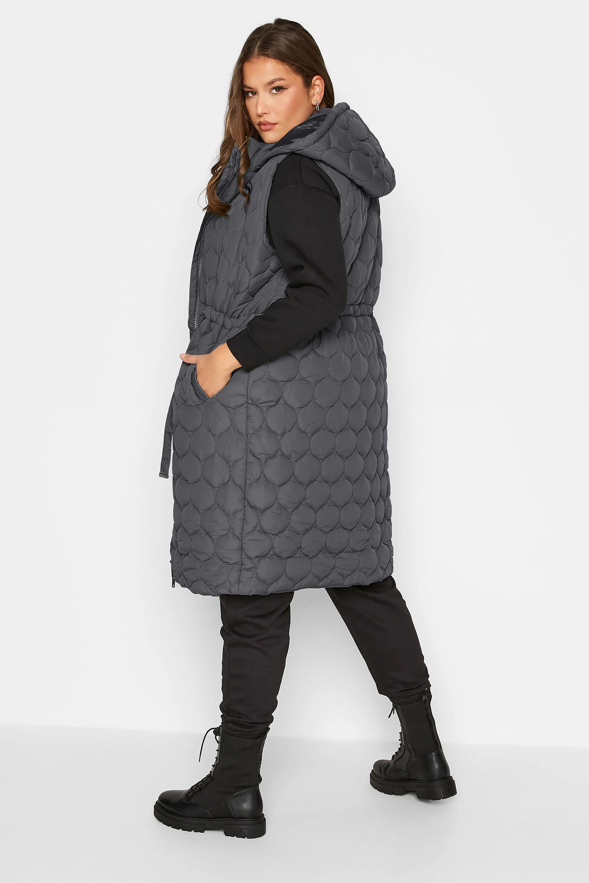 YOURS Curve Grey Quilted Midi Hooded Gilet