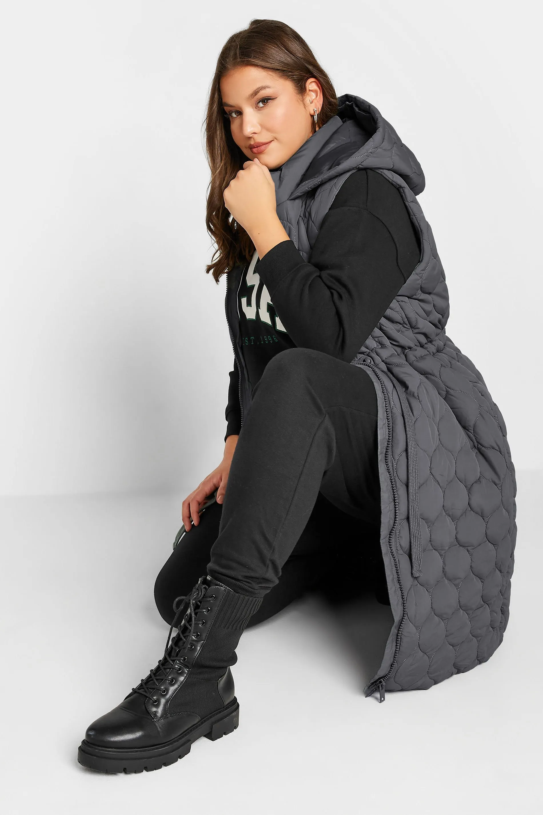 YOURS Curve Grey Quilted Midi Hooded Gilet